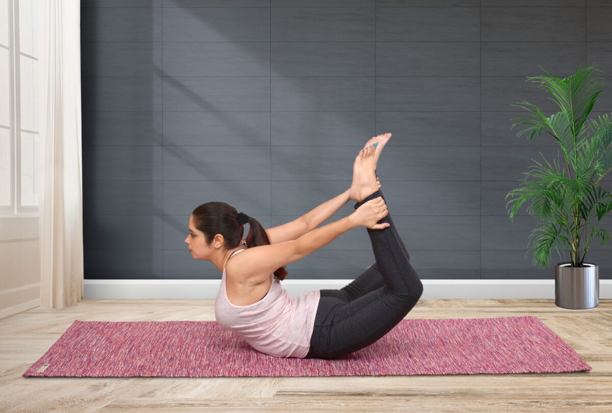 Premium Thick 7mm Cotton Yoga Mat - Coral Peach | Yoga Model Pose